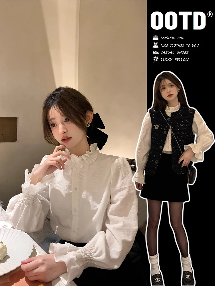 

Elegant Ruffle Collar Shirt Women's Fashion Early Spring Layering Base White Shirt Autumn Winter Loose Fit Long Sleeve Button up