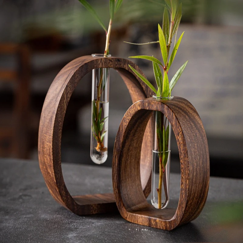 2Pcs/set Walnut Wood Glass Hydroponic Plant Container