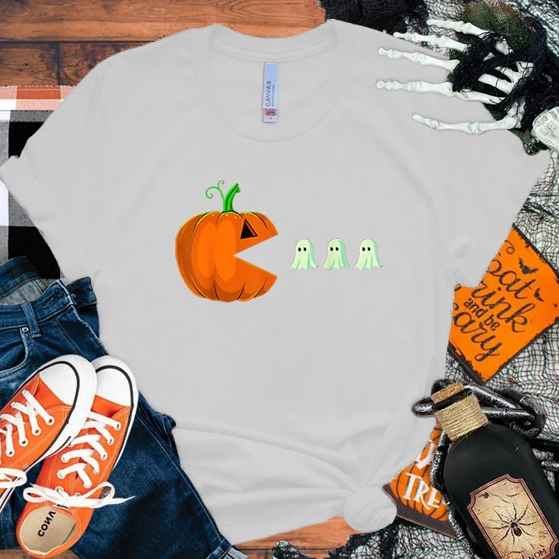 Halloween Pumpkin Boo Letter Print Koszulki z krótkim rękawem Damskie koszulki z dekoltem Letnie wygodne miękkie koszulki Topy Rozmiar Xxs-4Xl