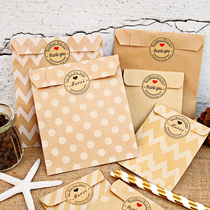 12pcs Kraft Paper Bags with Stickers Thank You Merci Cookie Gift Packaging Bags Wedding Birthday Party Favors Packing Supplies