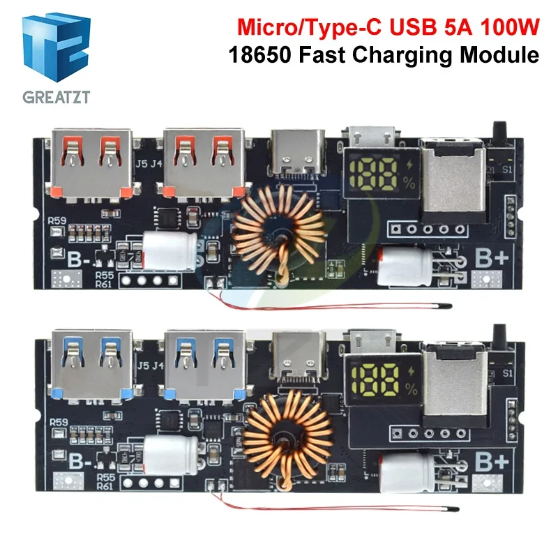 QC4.0 QC3.0 LED Dual USB PD Fast Charge 5A 100W Micro/Type-C USB Mobile Power Bank 18650 Charging Module Temperature Protection