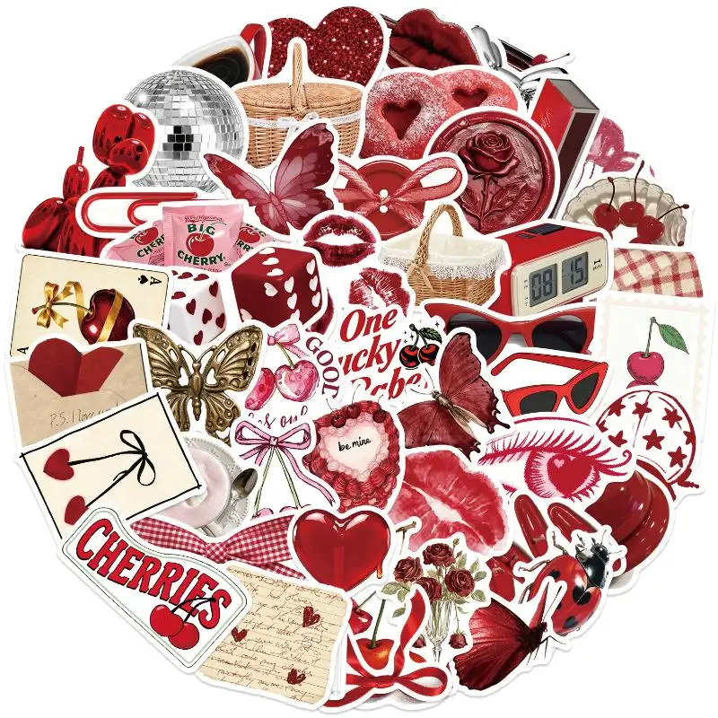 50pcs Rose Cherry Red Graffiti Stickers Decorated Notebook Water Cup Suitcase Guitar Classic Toy Scrapbook Waterproof PVC Decal