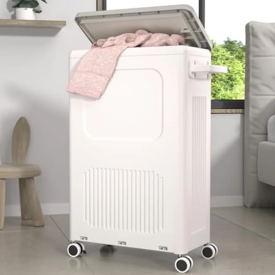 

Slim Laundry Hamper with Lid 50L Plastic Tall Laundry Basket with Wheels Compact Size for Narrow Space Rolling Laundry Cart wit