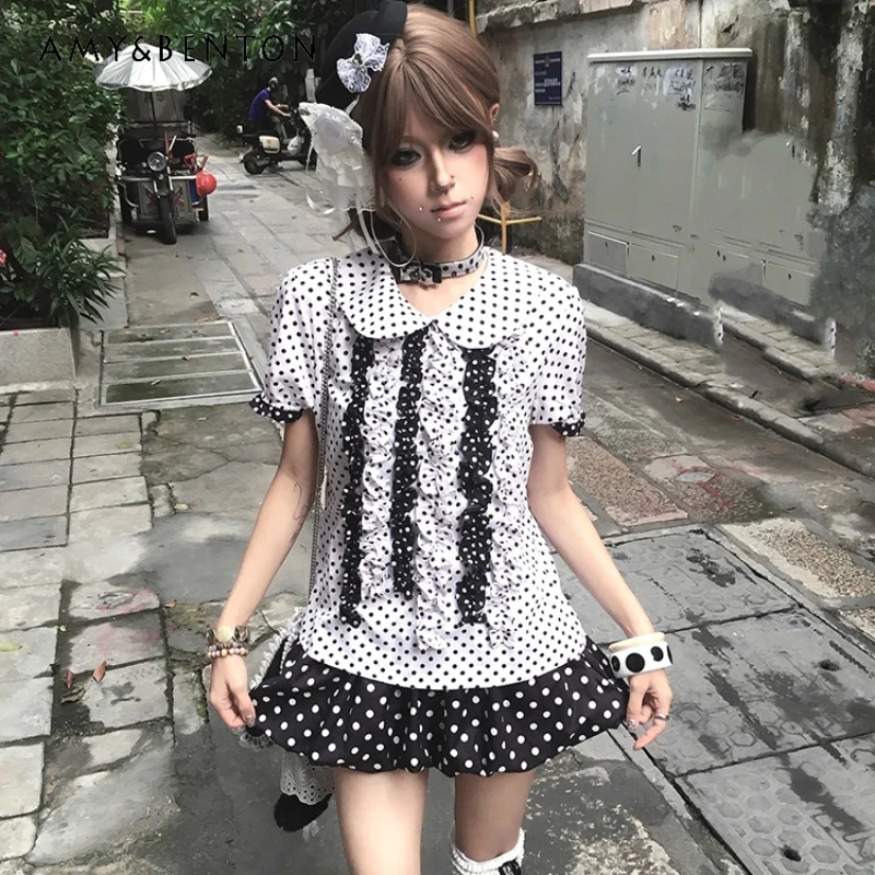 

American Retro Puff Sleeve Black White Polka Dot Lace Splicing Women's Top Original Summer Cute Sweet Doll Collar Shirt Ladies