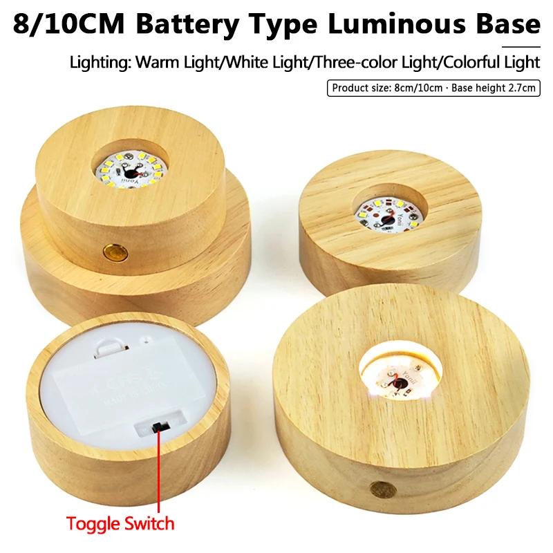 8/10cm Battery Operated Round Wooden LED Light Dispaly Base Stand Holder able Night Lamp Base Crystal Glass Resin Art Ornaments