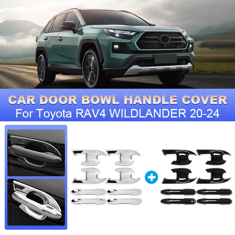 4Pcs Carbon Fiber/Chrome Sliver Car Door Handle Bowl Anti-Scratches Protector Covers For Toyota RAV4 WILDLANDER 2020-2024