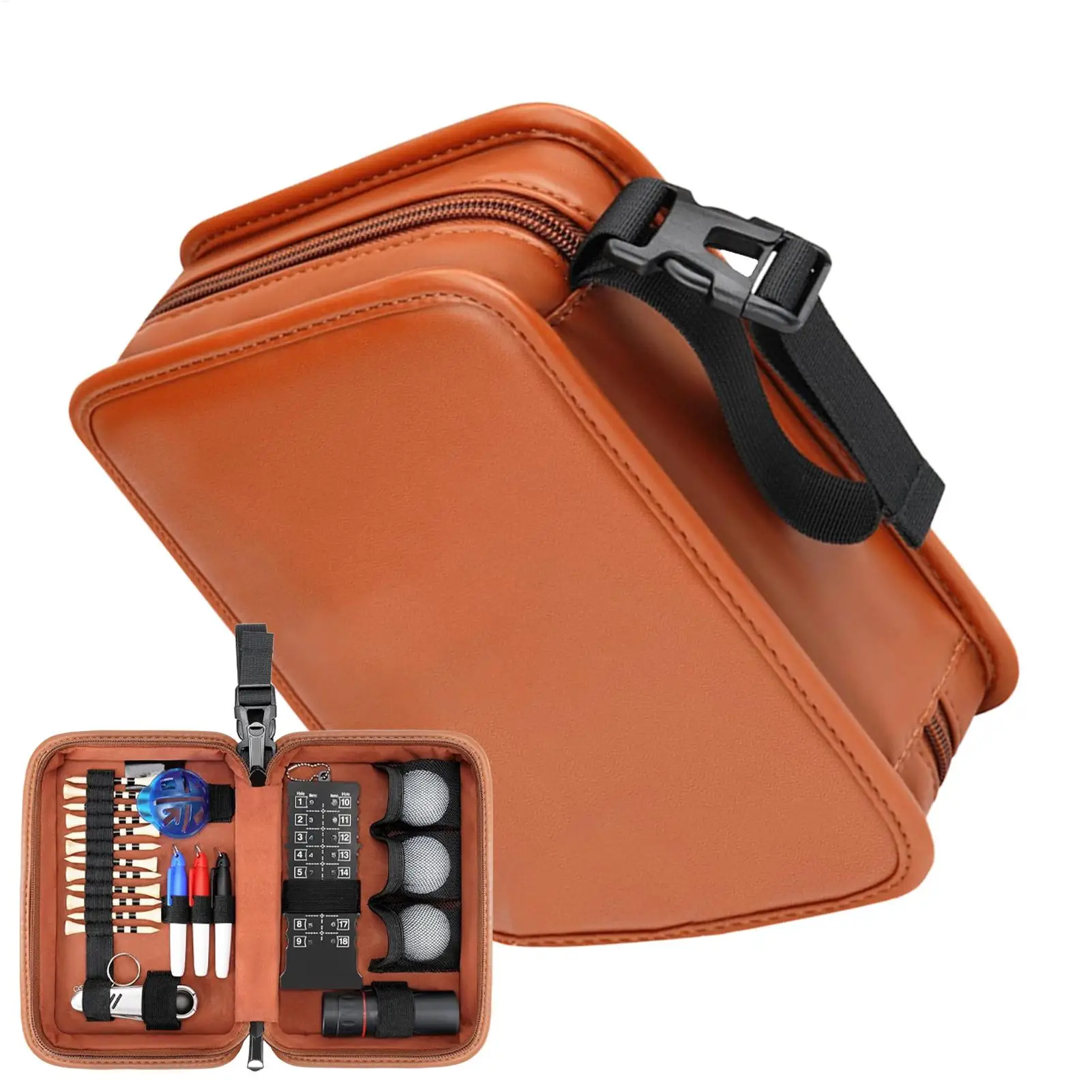 Golf Utility Pouch PU Leather Zippered Portable Ball Organizer Golf Tee Accessories Bag For Fathers Husbands Grandfathers Gym