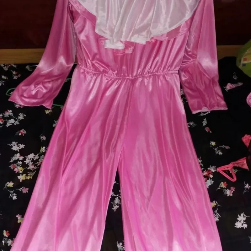 Men's Pink Ice Silk Jumpsuit  Women's Sexy Off Shoulder Double-Sided Silky Bodysuit Wide Leg Pants Long Sleeve Pajamas