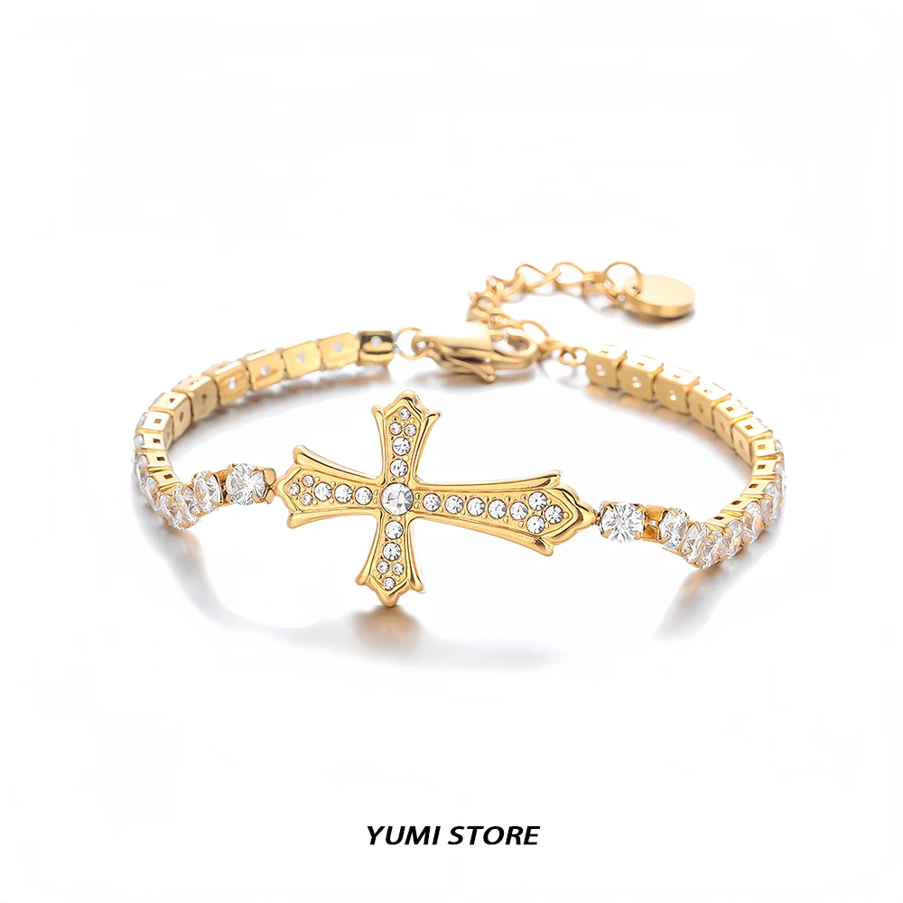 

Luxury Zircon Cross Bracelet For Man Woman Non Fading Titanium Steel Adjustable Bracelet Hip Hop Vintage Couple Jewelry New Gift