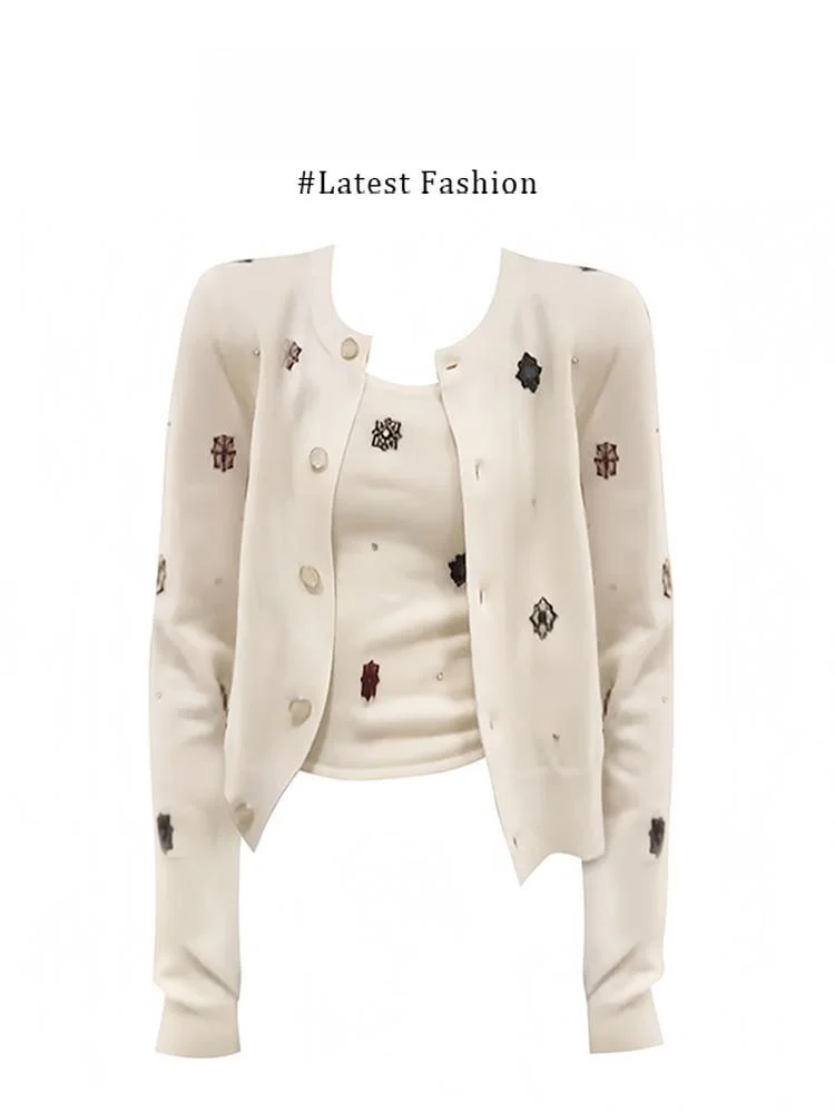 Marie Pure Desire Lazy Style Women's Embroidered Sweater Cardigan Slim Fit Inner Vest Set Autumn Fashion Casual Wear