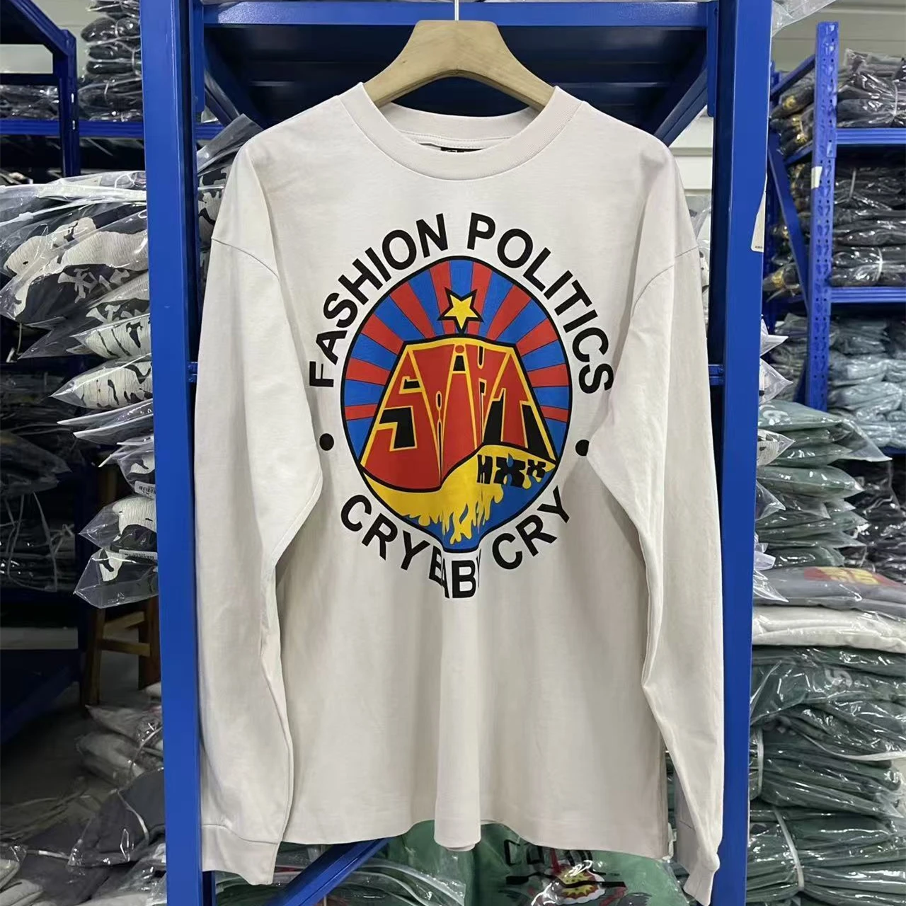 

Белая футболка SAINT с длинными рукавами LS FASHION POLITICS 25AW для мужчин и женщин, футболка большого размера высокого качества, футболки