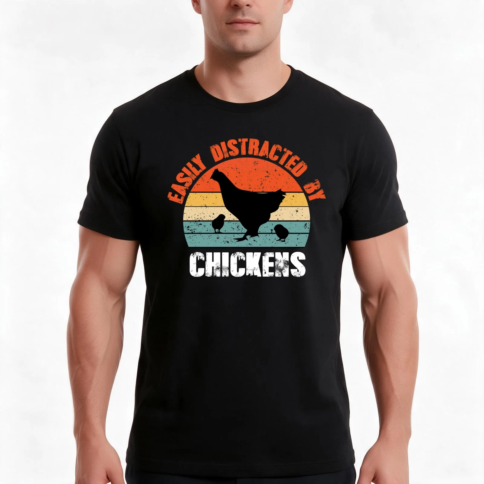 Easily Distracted By Chickens T-Shirt, Summer Casual Cotton Tee, Oversized Streetwear Tops, Vintage Graphic Print, 100% Cotton