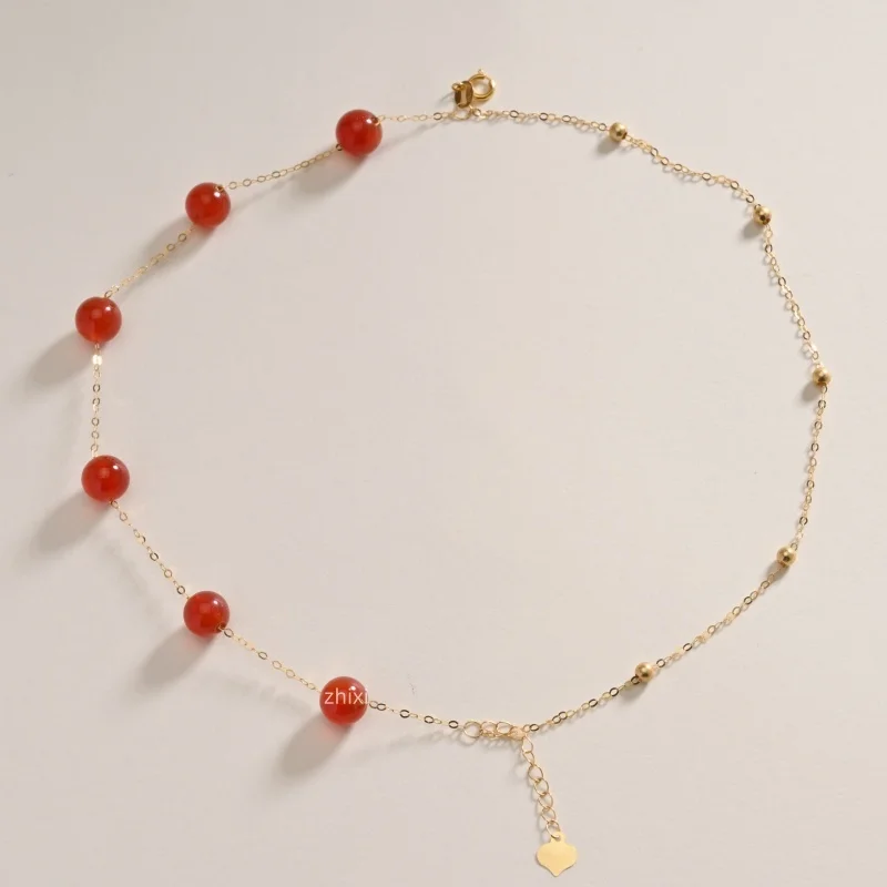 18K yellow Gold Bracelet Double-layer Fine Jewelry au750 natural  round red agate fashion wedding party gift for women S1003