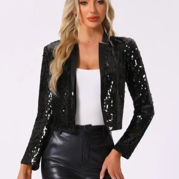 Grenzüberschreitender neuer Damen-Par Long Sve Open Front iny Sequin West Casual Sportanzug Seven-Sve T-Shirt Ort Hosen