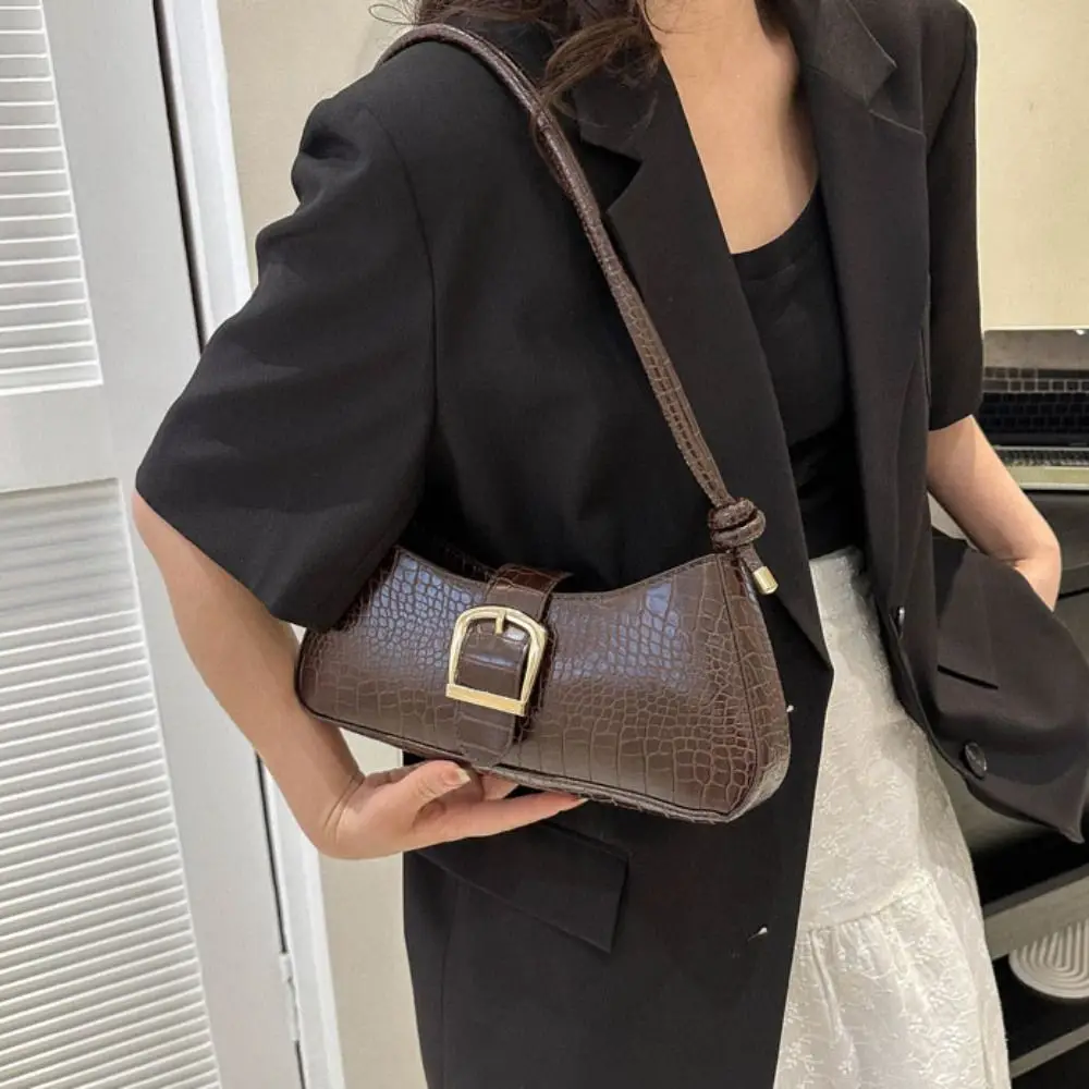 

Винтажная сумка в форме полумесяца для подмышек, большая вместительная сумка на плечо из искусственной кожи с каменным узором, модная прямоугольная сумка для подмышек во французском стиле