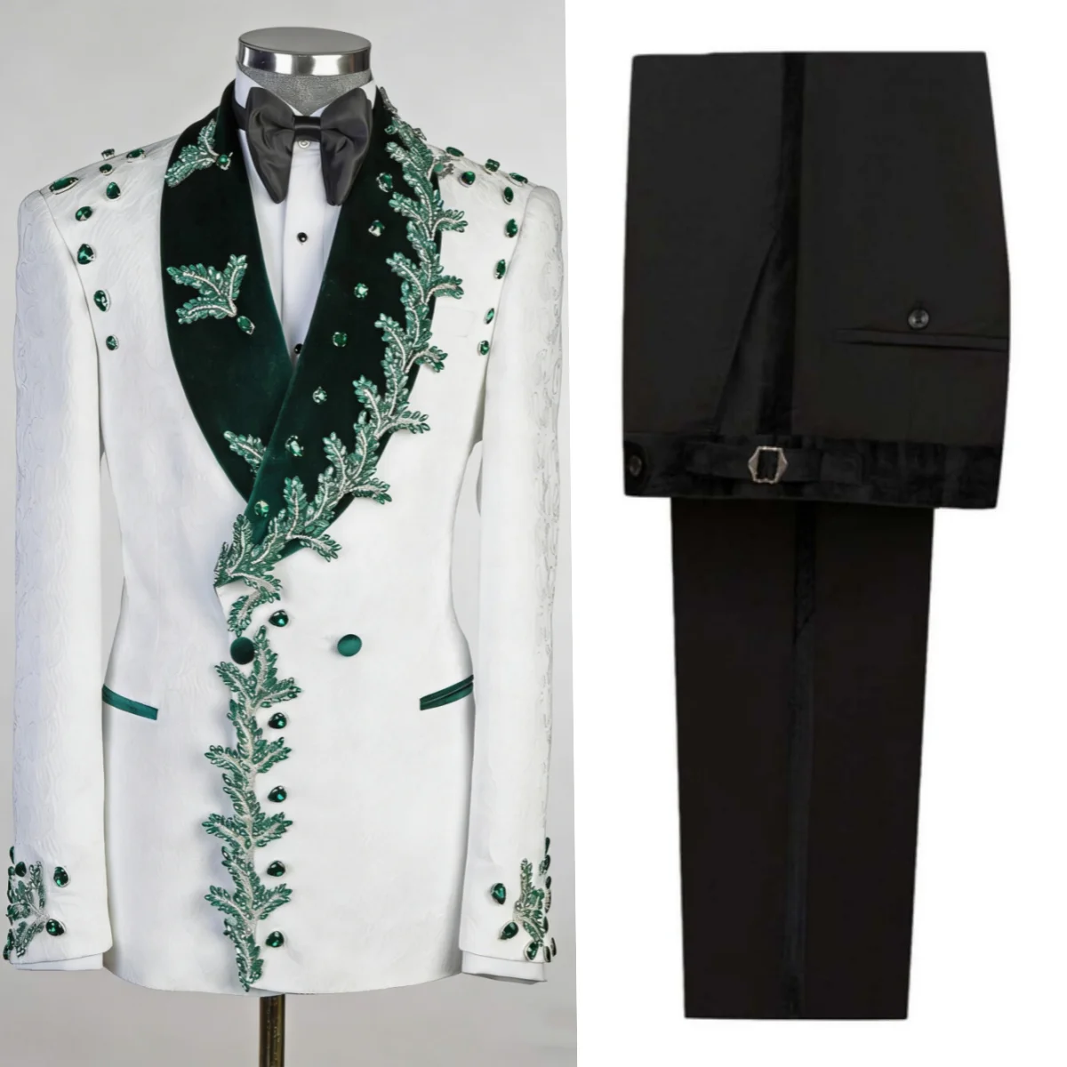 

Luxurious Jacquard Men Suits Crystals Double Breasted Pants Sets Shawl Lapel Beaded Dinner Party 2 Pieces Customized