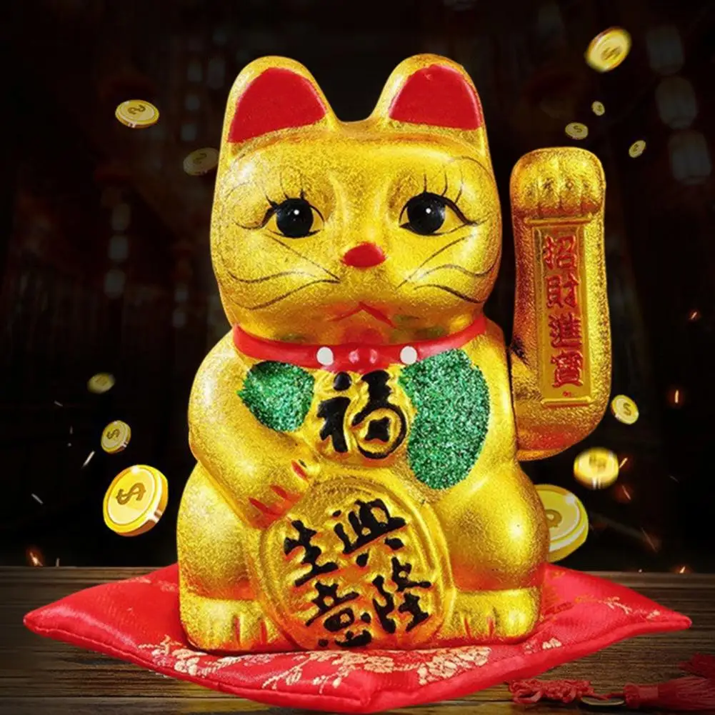 Ornamen Kucing Keberuntungan 7 Inci dengan Kata-kata Berkat Yang Berjabat Tangan Keramik Patung Kucing Keberuntungan Pembukaan Hadiah Dekorasi Rumah