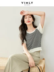 Vimly Contrast Striped Knit Tops Women's Short Sleeve Knitted Summer T Shirts 2024 Women Casual T-shirt Basic Tees Clothes 72891