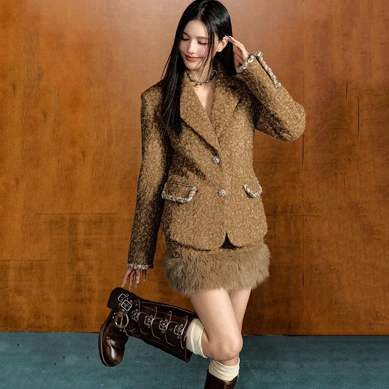 Women's two-piece Skirt set Elegant  Tweed 2 Two Piece Set Womens Outfits Autumn Long Sleeve Short Jacket + A-line Mini Ski Z128