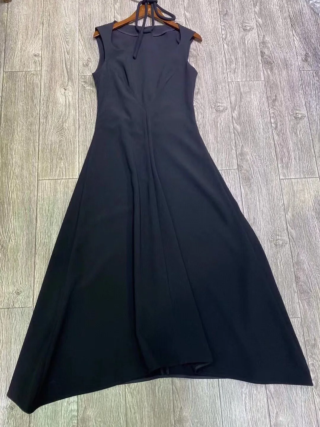 Office Lady Black Sleeveless Halter Strap Ruffles New Summer 2024 High Quality Zipper Closure Midi Dress for Women