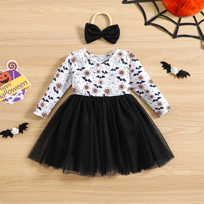 Trajes de 2 piezas para niñas, vestido de tul de manga larga con estampado de araña, bruja y calabaza de Halloween y diadema para fiesta, ropa adorables