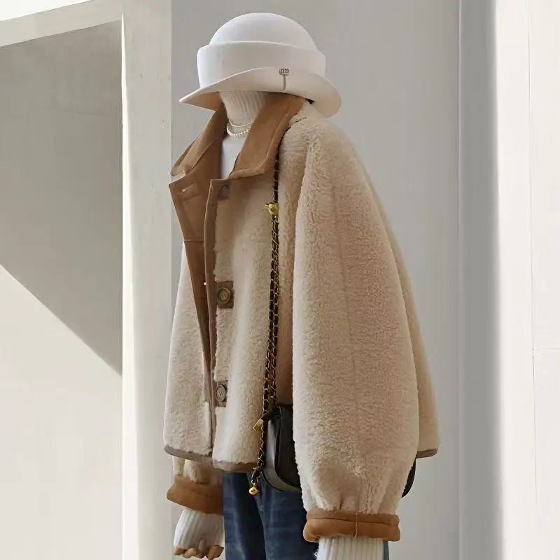 2025 Nuovo stile coreano Moda retrò Caldo addensato Cappotto con cappuccio Giacca invernale da donna con cerniera Giacca in lana d'agnello