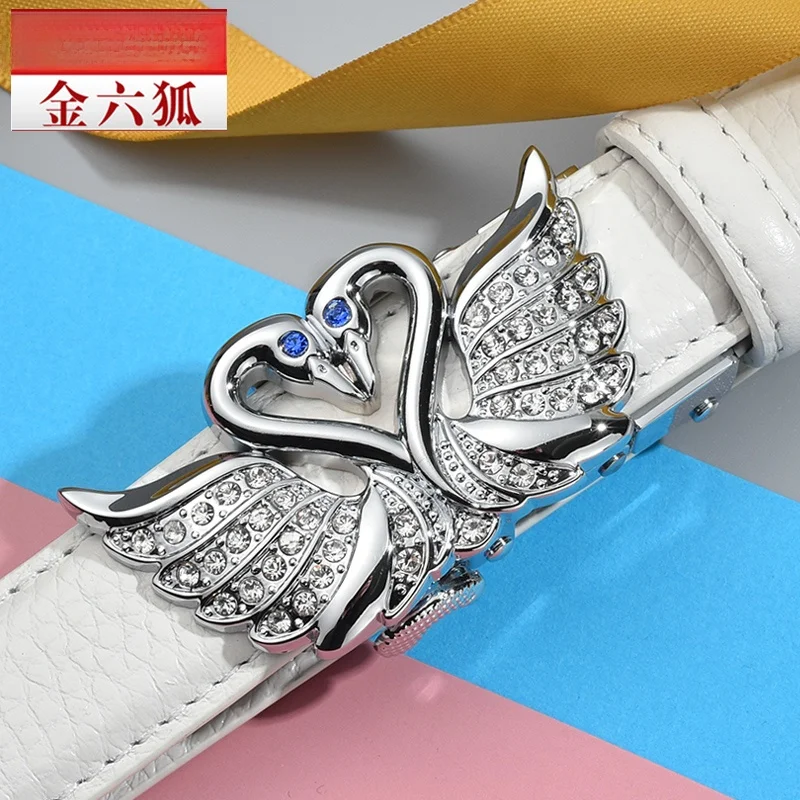 ゴールドシックスフォックスホワイトレザーベルト女性の本革自動バックルファッションビジネス多用途女性のウエストベルトアクセサリー