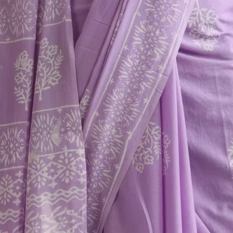 Indian Women's Thin Performance Printed Cotton Light Purple Sari - view 5