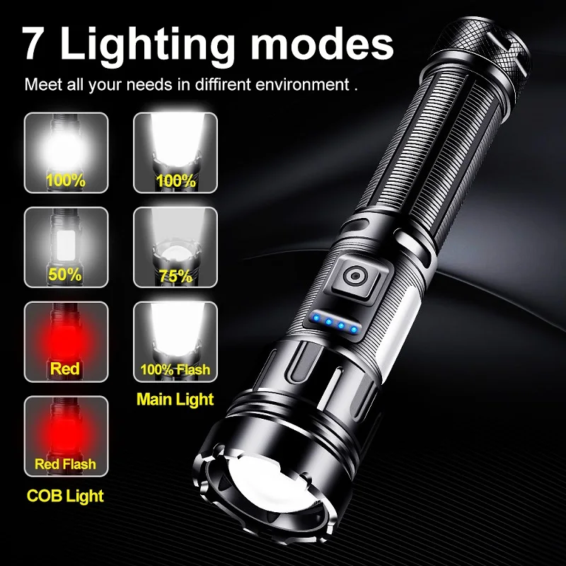 2024 Newest Shot Long 3000M White LED Flashlight Tactical Torch Outdoor Lighting Waterpoof Climbing Camping COB Zoomable Light