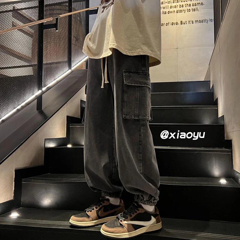 

Мужские джинсы свободного кроя с широкими штанинами, осенние, модные, брендовые, удобные, в стиле Харадзюку, брюки в американском ретро-стиле с манжетами