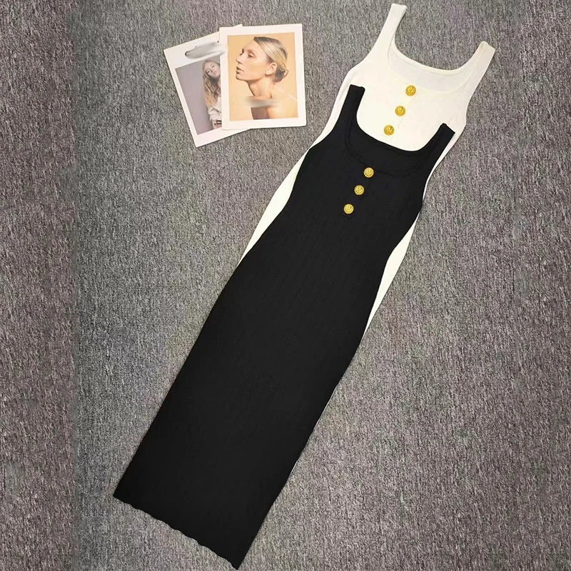 2024 Summer New style  Factory Direct Sales High Quality Sleeveless U Neck Knitted God Button  Dress