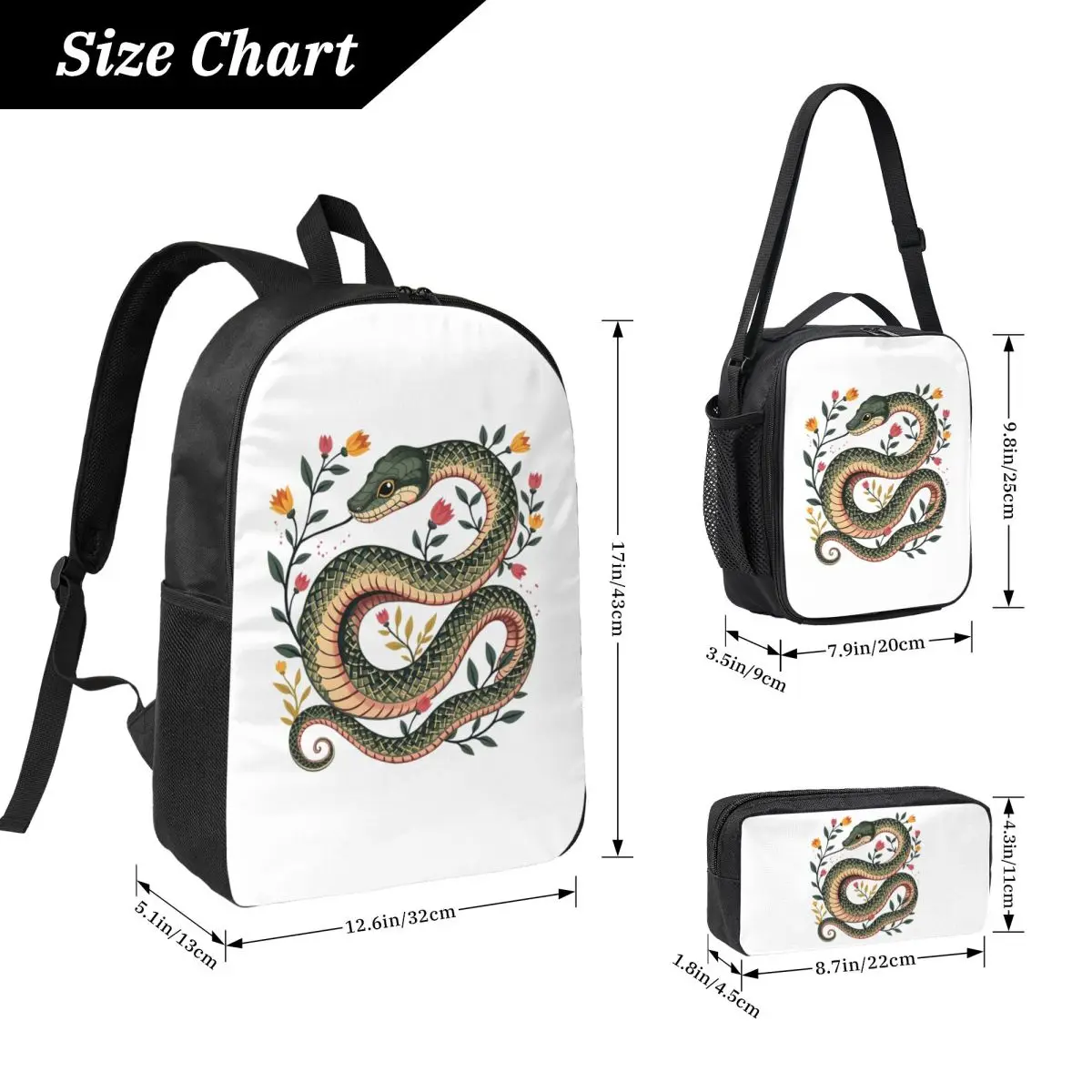 Botanical Serpent Nature Inspired Backpack BookBag School Bag Computer Shoulder Bags 3ps Insulated Lunch Bag Pencil Case