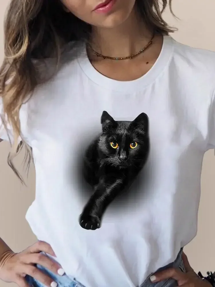 Plus Size Print T Fashion 3D Cat uroczy Trend odzież damska ubrania z krótkim rękawem letnie T-shirty damskie z grafiką