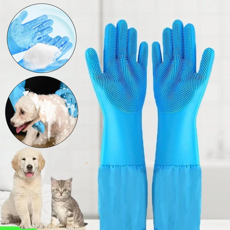 Pet Grooming Luvas de Limpeza Cão Gato Banho Shampoo Luva Pet Estendido Anti Mordida Luva de Silicone Macio Luva de Depilação