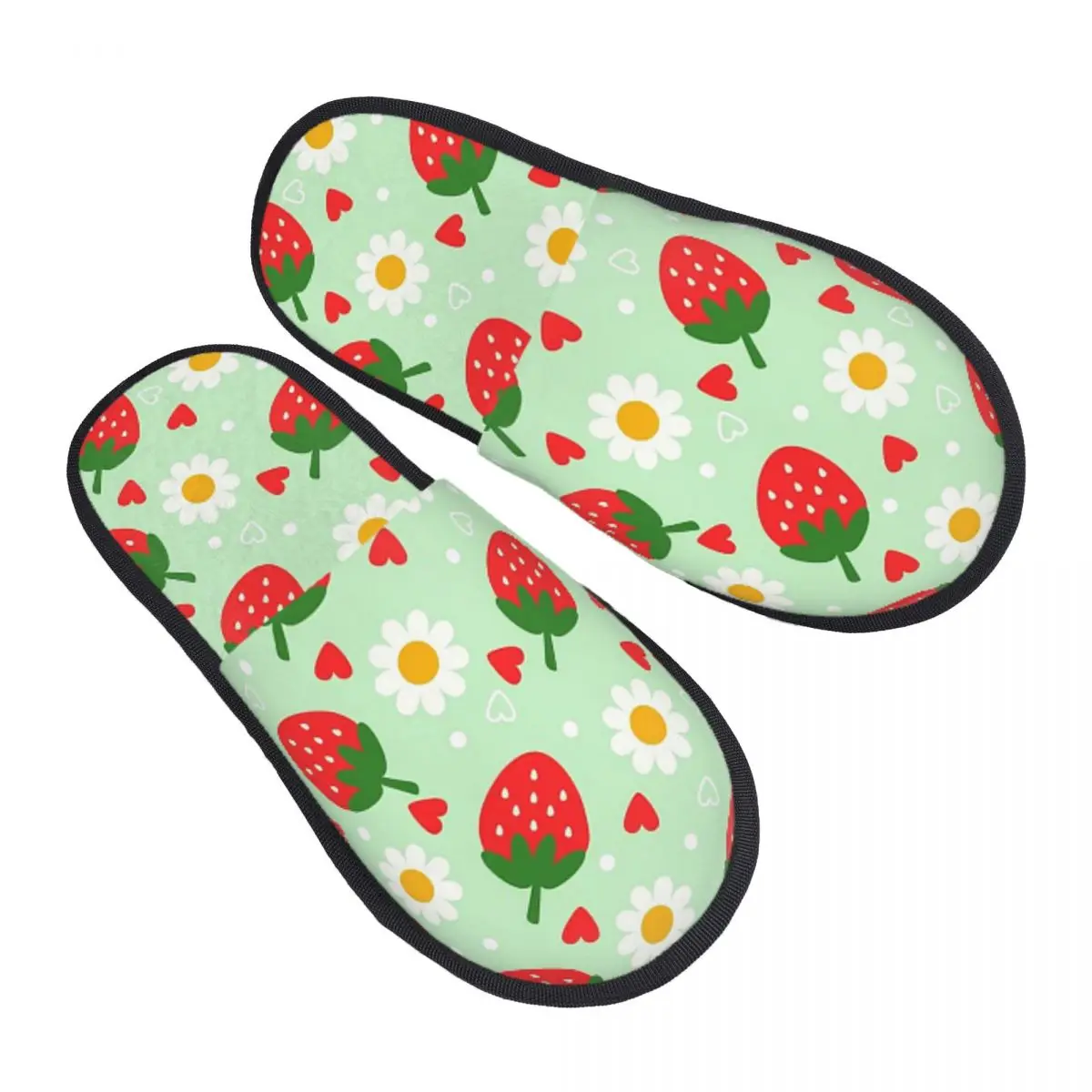 Custom Strawberry And Daisy Cartoon Pattern Slippers Memory Foam Warm Soft Women House Slipper Indoor Comfy Shoes
