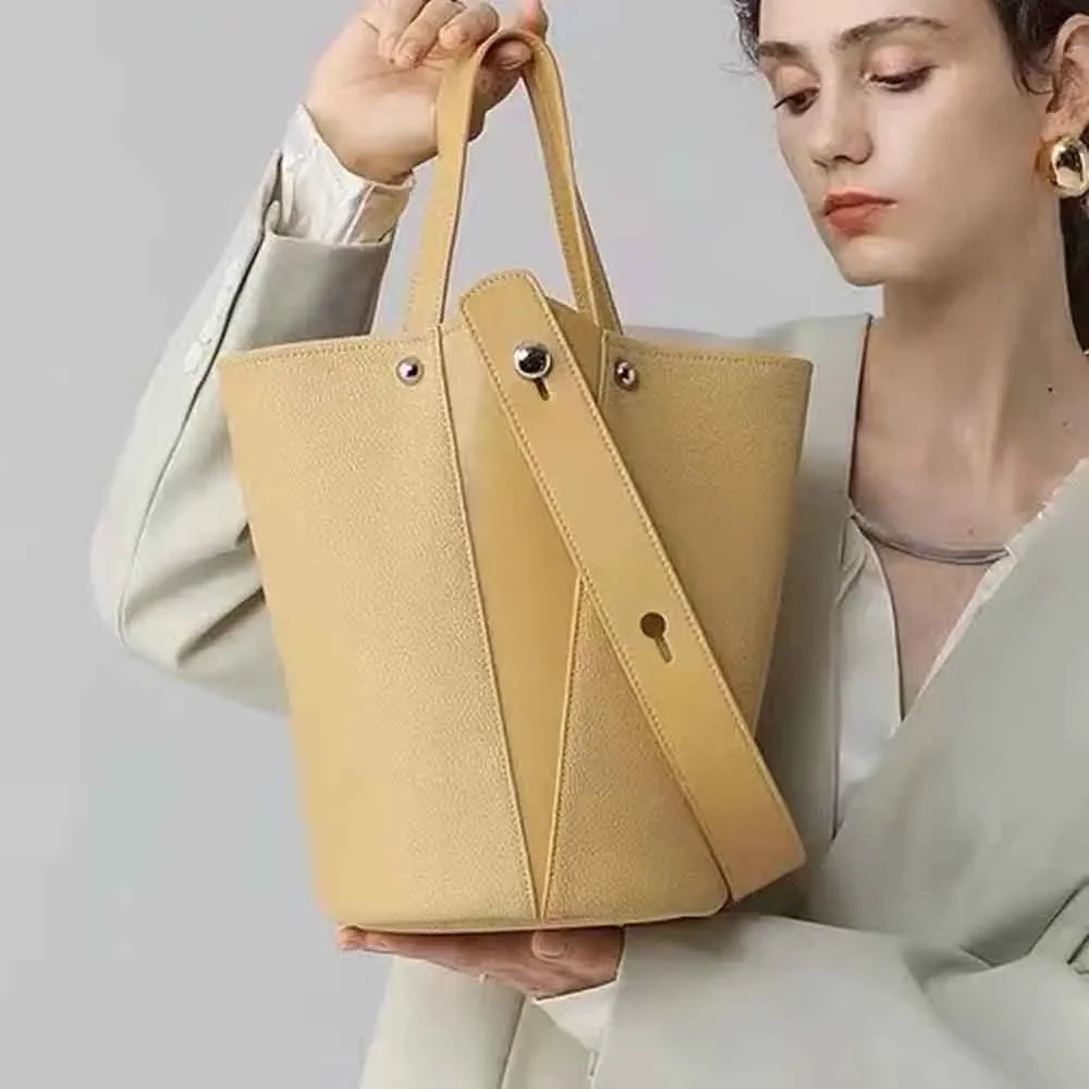 MS Fashion Genuine Leather Bucket Bags for Women Unique Patchwork Handbag Luxury Shoulder Bag Unique Shape Lady Basket Bag 2023