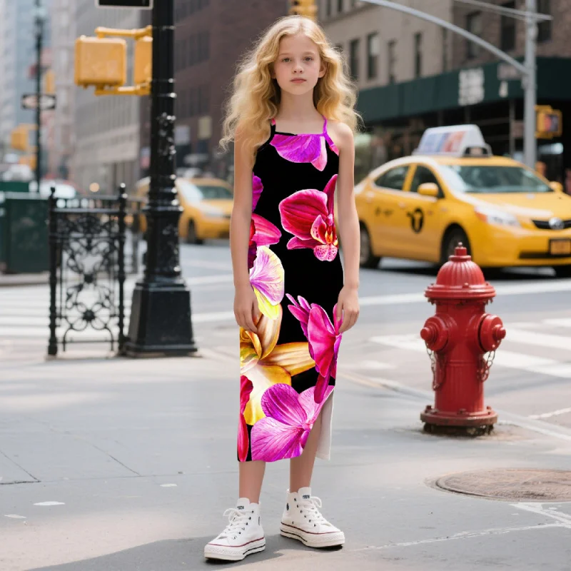

Girls' Fashion Strap Printed Dress European and American Style Slit Dress Breathable Floral Long Dress for Older Children