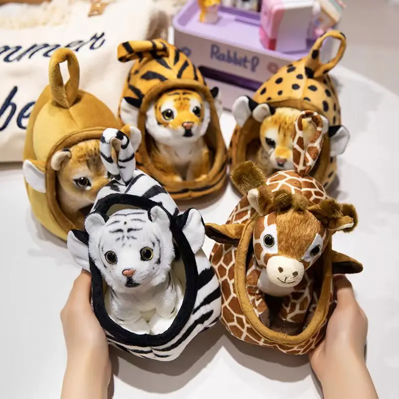 

Simulation baby tiger lion leopard giraffe dog plush toy soft wild animal forest with nest doll boys girls birthday gift