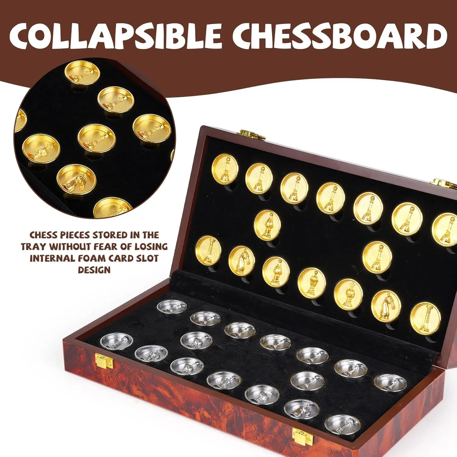 Jeu d'échecs et de dames en métal 2 en 1 – Planche en bois pliable, jeu de voyage portable pour adultes et enfants