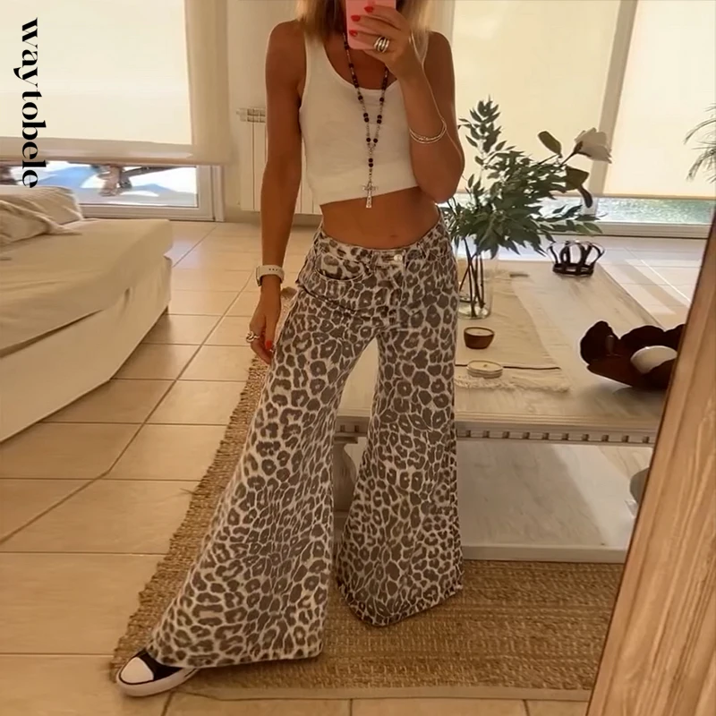 Waytobele Sets For Women 2 Pieces Summer Fashion Casual Solid Tank Round Neck Top Loose Leopard Print Wide Legs Pants Sets