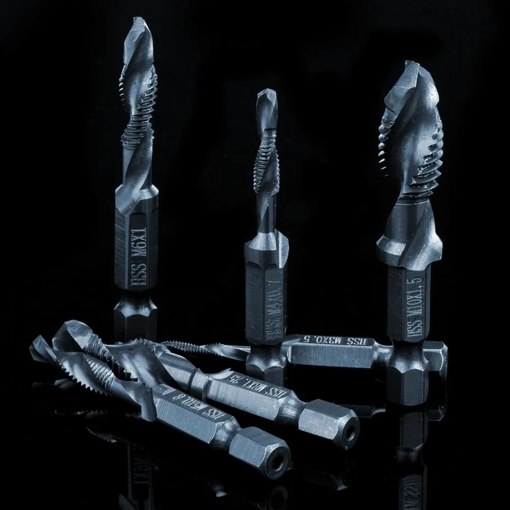 Screw Tapping Bit Tool 6Pcs Combination Drill Tap & Tap Bit Set, 3-in-1 Anti-Rust in Metric M3 M4 M5 M6 M8 M10, 1/4” Hex Shank