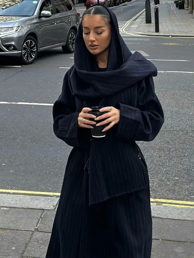 

HH Women New Fashion Versatile Mid-Length Windbreaker With Scarf Coat Female Casual Bow Tie Striped Long-Sleeved Pocket Jacket