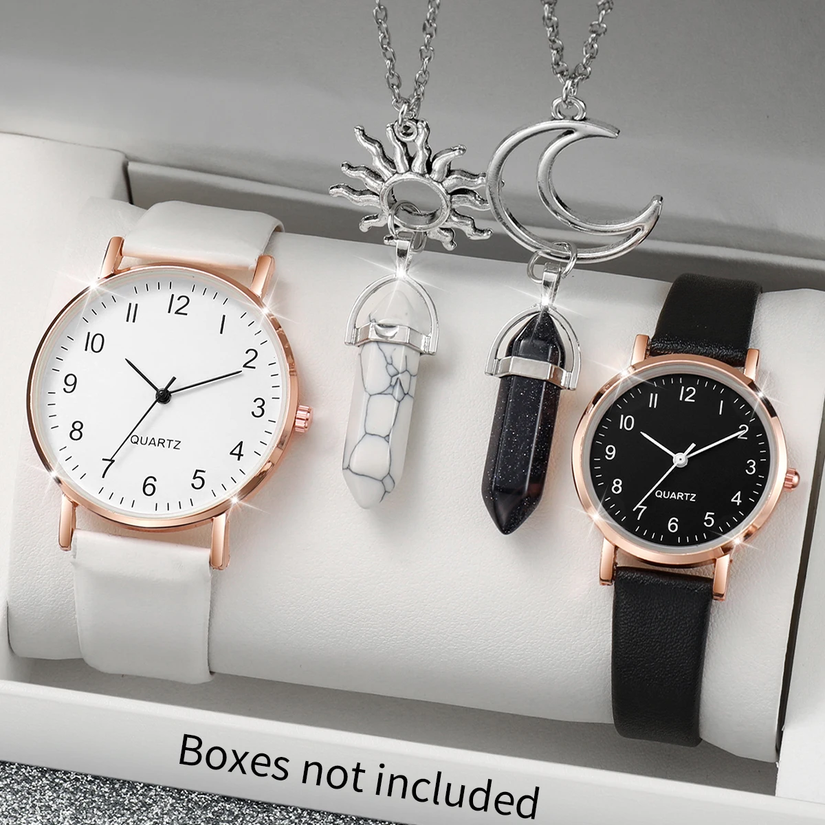 4Pcs/Set Fashion Unisex Leather Band Couple Quartz Watch and Moon & Sun Necklace Set