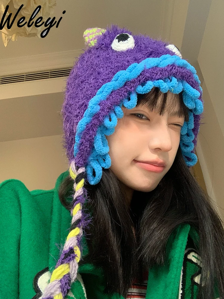 Cute Little Monster Hat Female Autumn and Winter Sweet Big Head Circumference Warm Plush Handmade Ear Protector Knitted Wool Hat