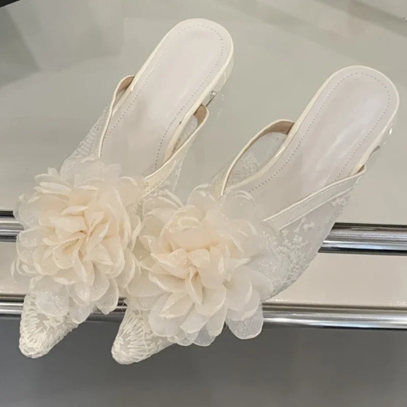 

Flower Designer Mesh Slippers Women Breathable Slides Fashion Flats Mules Dress Shoes Summer 2025 Pointed Toe Sandals Ladies