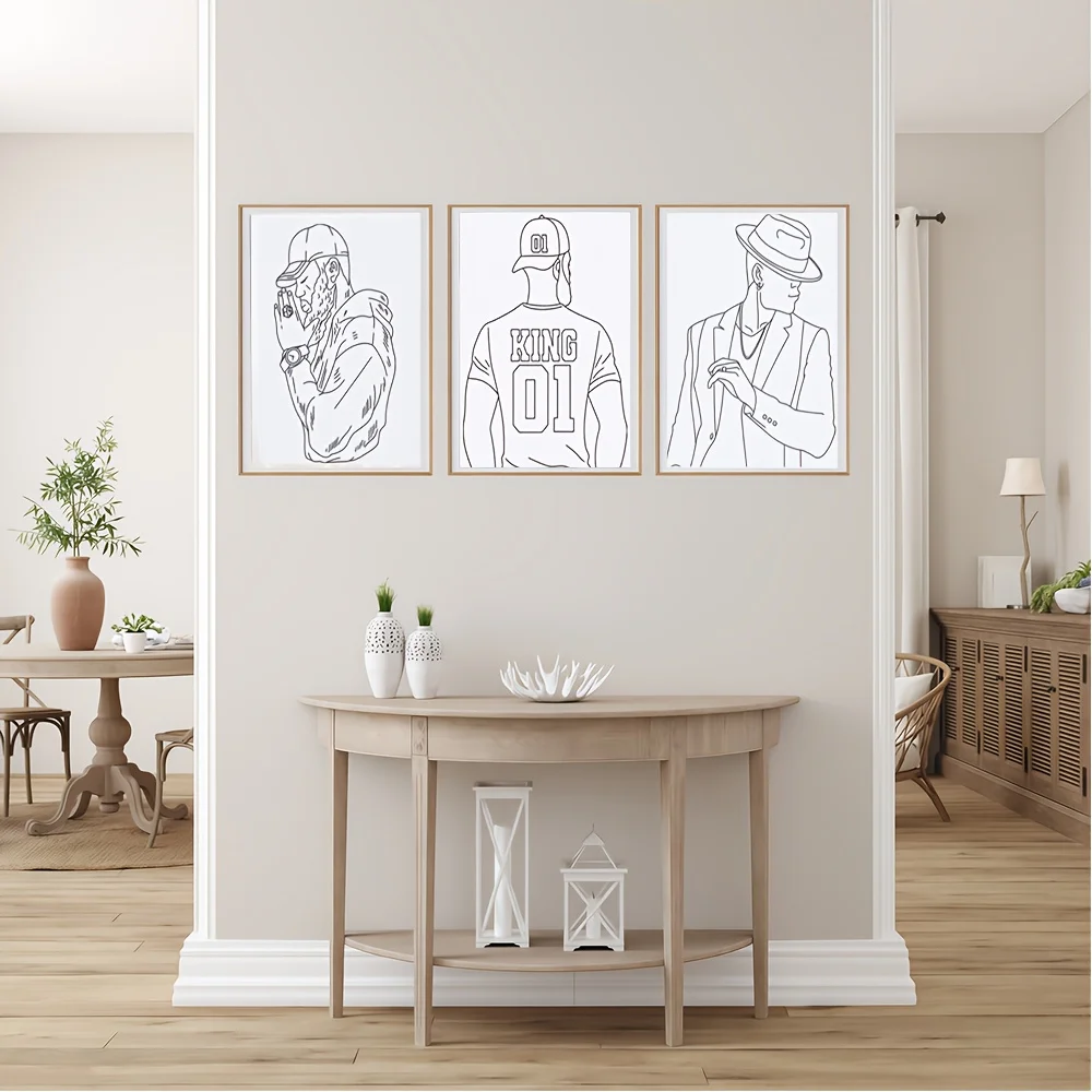 3 pièces, un dessin de trois hommes en différents poses, un dessin détaillé par Charles Bird King, gagnant du concours reddit, art ascii, outl