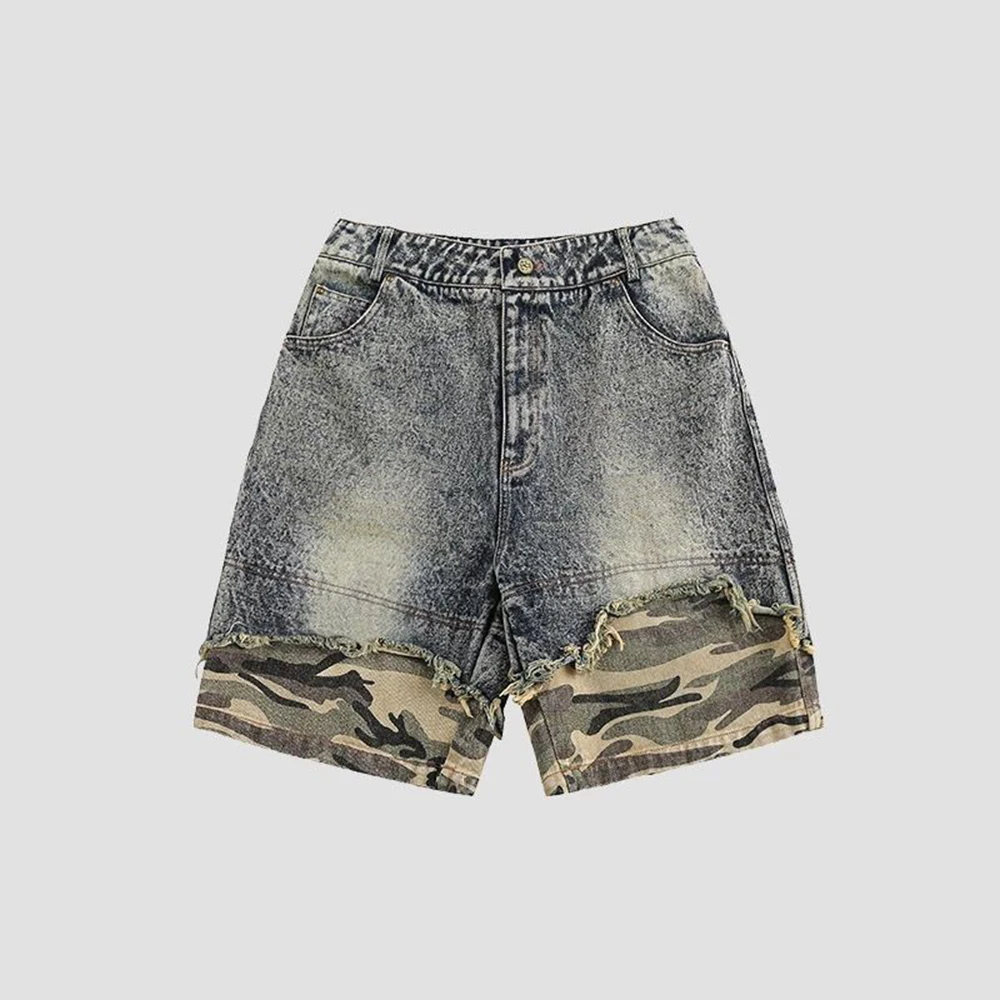 

Men's Stitching Camouflage Denim Shorts American Retro Fashion Trend Leisure Street Loose Breathable Niche New Men's Bottoms