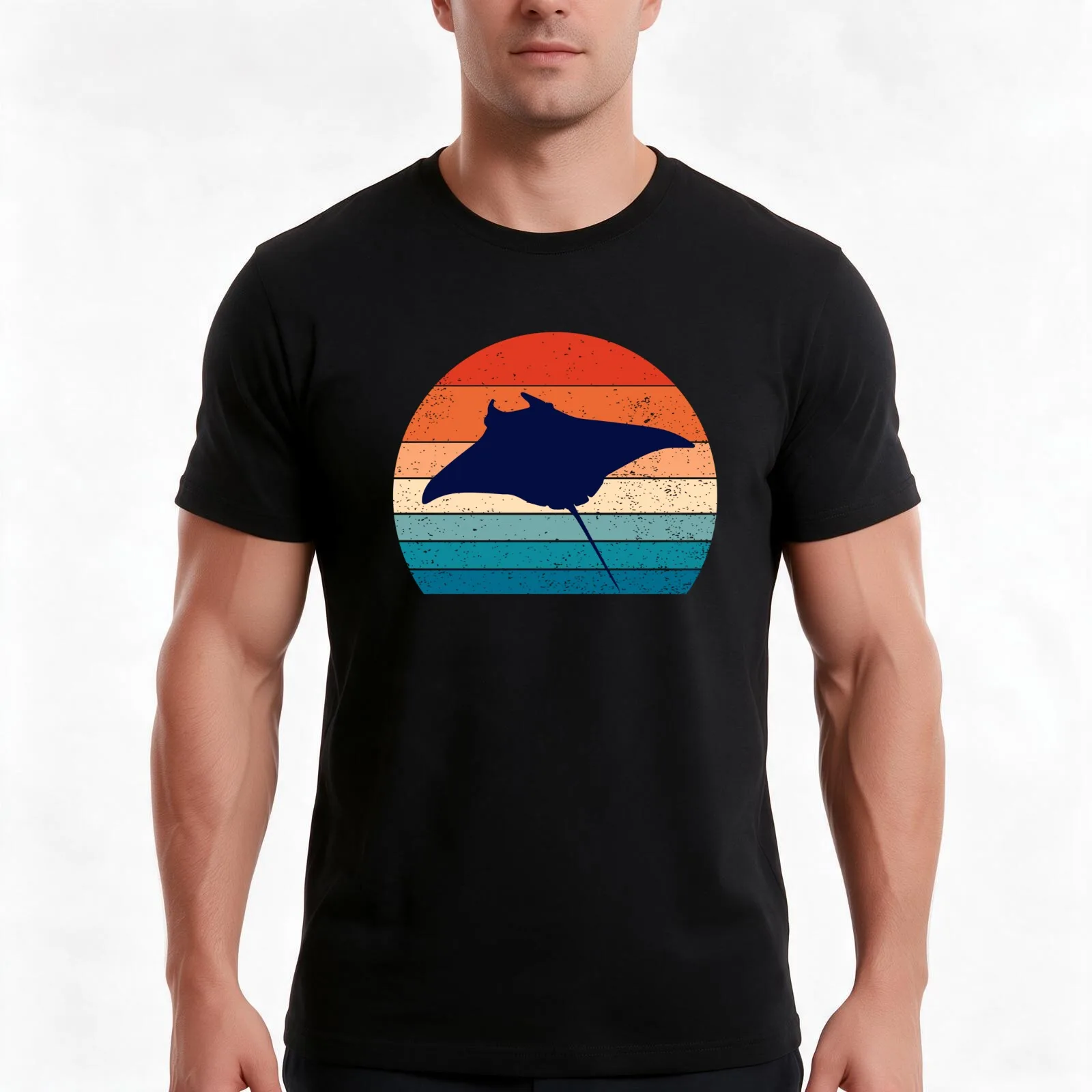 Retro Design Manta Ray T-Shirt, Summer Casual Cotton Tee, Oversized Streetwear Tops, Vintage Graphic Print, Unisex Men Women
