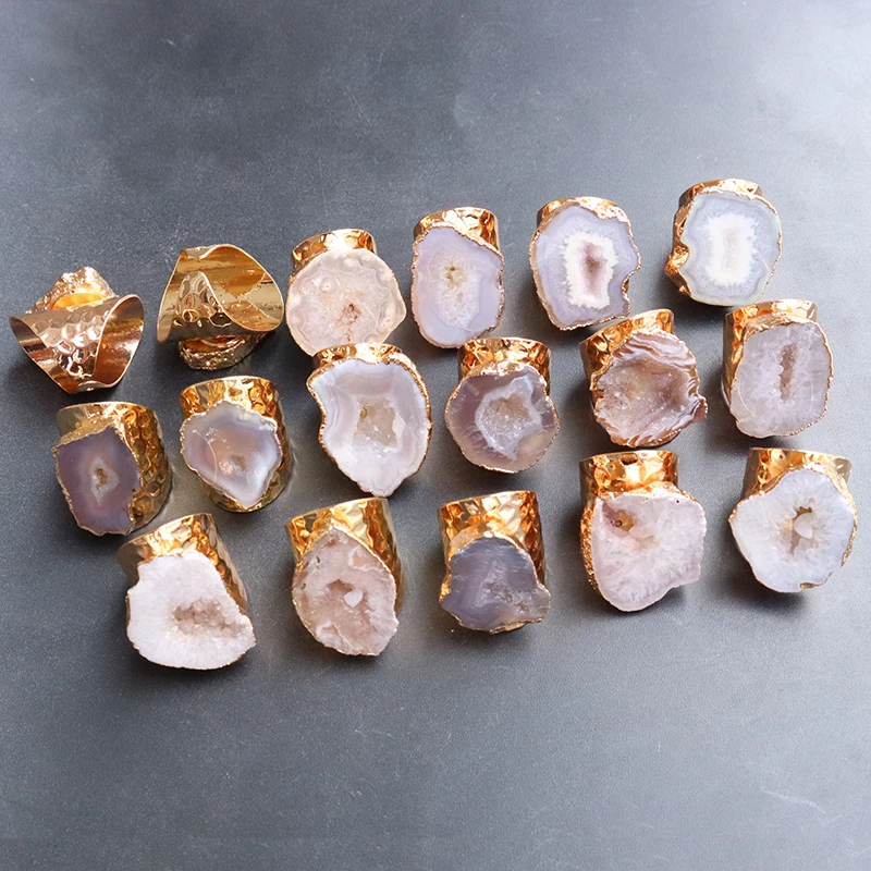 Irregular Natural Geode Stone Rings Agate Slices Wide Open Ring for Women Men Boho Resizable Finger Jewelry