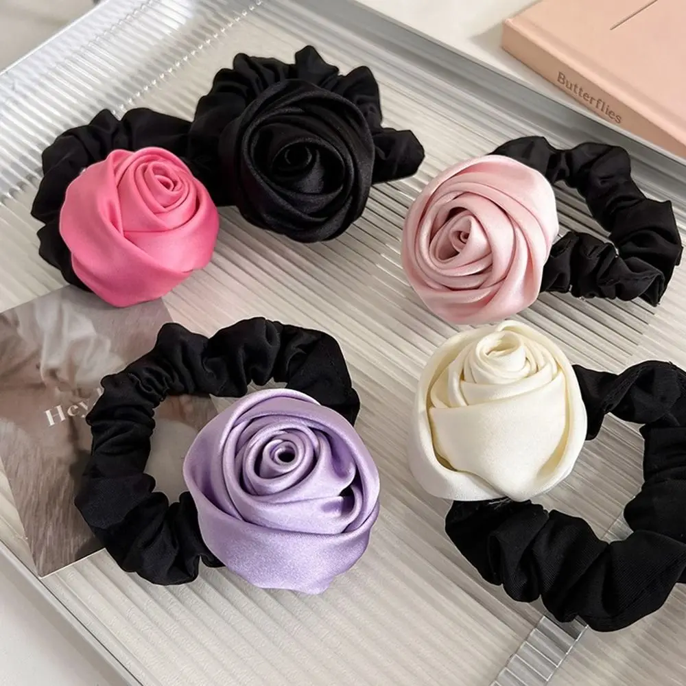 Korean Rose Flower Hair Rope Lovely Elastic Silk Satin Scrunchies Classical Women Hair Accessories Sweet Art Ponytail Holder